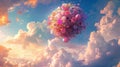 Festive party balloons and flower bunch flying in the sky Royalty Free Stock Photo