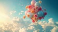 Festive party balloons and flower bunch flying in the sky Royalty Free Stock Photo