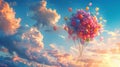 Festive party balloons and flower bunch flying in the sky Royalty Free Stock Photo