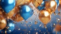 A festive party decor with blue and gold balloons and streamers