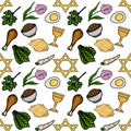 Festive Passover Seder plate elements vector seamless pattern with matzah, maror, egg, and charoset Royalty Free Stock Photo