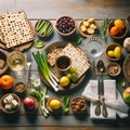 Festive passover seder table with traditional foods and symbols