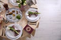 Festive Passover table setting with Torah, top view. Royalty Free Stock Photo