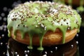 Festive pastry a top view of a glazed donut, sprinkles on green