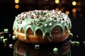 Festive pastry a top view of a glazed donut, sprinkles on green