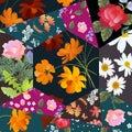 Festive patchwork pattern with cosmos, rose, daisy and bell flowers