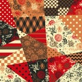 Festive patchwork pattern in ethnic style with flowers and abstract geometric prints.