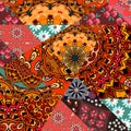 Festive patchwork pattern in indian style with flower - mandala, daisies and abstract prints