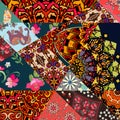 Festive patchwork pattern in indian style with flower - mandala, mallow, rose, house, elephant and abstract prints. Royalty Free Stock Photo