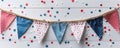 Festive Patriotic Flags and Stars on White Wooden Background with Red, White, and Blue Bunting Adorned with Tiny Stars Banner Royalty Free Stock Photo