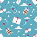 Pattern with gifts, cakes, marshmallows, tulips and clouds on a blue background