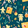 Festive pattern with New Year elements, decoration for the holiday, gifts, Christmas toys