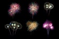 Festive patterned of Colorful assorted firework bursting in various shapes sparkling pictograms set against black background Royalty Free Stock Photo