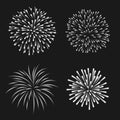 Festive patterned firework bursting in various shapes sparkling pictograms set