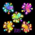 Festive patterned firework bursting in various shapes sparkling pictograms set against black background abstract vector isolate Royalty Free Stock Photo