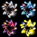 Festive patterned firework bursting in various shapes sparkling pictograms set against black background abstract vector isolate Royalty Free Stock Photo