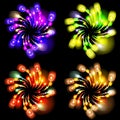 Festive patterned firework bursting in various shapes sparkling pictograms set against black background abstract vector isolate Royalty Free Stock Photo