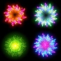 Festive patterned firework bursting in various shapes sparkling pictograms set against black background abstract vector isolate Royalty Free Stock Photo