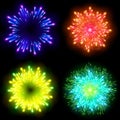 Festive patterned firework bursting in various shapes sparkling pictograms set against black background abstract vector isolate Royalty Free Stock Photo