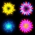 Festive patterned firework bursting in various shapes sparkling pictograms set against black background abstract vector isolate Royalty Free Stock Photo