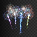 Festive patterned firework bursting in various shapes sparkling pictograms set against black background abstract