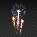 Festive patterned firework bursting in various shapes sparkling pictograms set against black background abstract Royalty Free Stock Photo