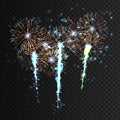 Festive patterned firework explosion in various shapes sparkling pictograms collections against isolated black Royalty Free Stock Photo