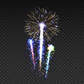 Festive patterned fireworks isolated bursting in various shapes sparkling pictograms set. Royalty Free Stock Photo