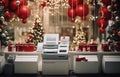 Festive checkout counters buzzing with holiday shopping excitement.AI Generated