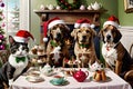 Festive pet tea party dogs and a cat in christmas hats