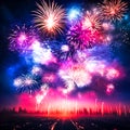 Festive pictures, fireworks, various colors, during Christmas, and New Year, backdrop of a big city, generative ai Royalty Free Stock Photo