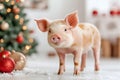 Festive piglet in christmas decor setting with ornaments and tree Royalty Free Stock Photo