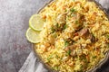 Festive pilaf Kacchi Mutton Biryani with nuts, raisins, fried onion closeup on the plate. Horizontal top view