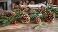 Festive pine cones and greenery adorn a rustic wooden surface Royalty Free Stock Photo