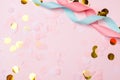 Festive pink background. Shining confetti on light pink pastel background. Christmas. Wedding. Birthday. Happy woman`s day.