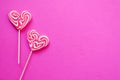 Festive pink background. Sweet heart shaped candies. Love. Valentine`s Day. 14 of February. Flat lay,