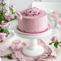 Festive pink cake on white cake stand decorated with fresh rose