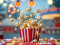 Festive Popcorn Explosion at the Carnival. A Delicious Treat Under Colorful Lights. Royalty Free Stock Photo