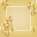 Festive poster of golden and glitter confetti balloons with empty frame in center. Vector 3D realistic inflatable balls Royalty Free Stock Photo