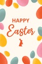 Festive poster for Happy Easter with frame of colorful eggs and text. Ovate geometric forms with grainy textures.