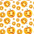 Festive pumpkin smiles on Halloween holiday. Watercolor illustration isolated on white background.Seamless pattern Royalty Free Stock Photo