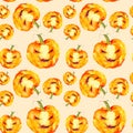 Festive pumpkin smiles on Halloween holiday. Watercolor illustration isolated on yellow background.Seamless pattern Royalty Free Stock Photo