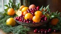 festive punch bowl surrounded by cranberries, citrus, and greenery . Royalty Free Stock Photo