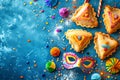 Festive Purim background, Purim attributes, triangular pies, Haman ears, traditional hamantaschen cookies. Postcard on a