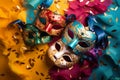 Festive purim carnival background - mask, ribbonds and confetti