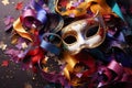 Festive purim carnival background - mask, ribbonds and confetti