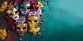 Festive purim carnival background - mask, ribbonds and confetti
