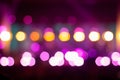 Festive purple spotted glitter background. Defocus blurred abstract purple bokeh background. Blurry music performance in