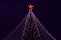 Festive purple xmas lights on big christmas tree with red star in urban central park at holiday evening in winter night Royalty Free Stock Photo