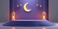 Festive Ramadan Background Crescent Moon Lanterns and Purple Platform Royalty Free Stock Photo